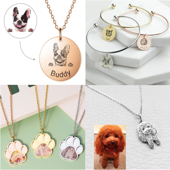 Custom pet-themed jewelry including engraved pendants and paw-shaped photo necklaces.